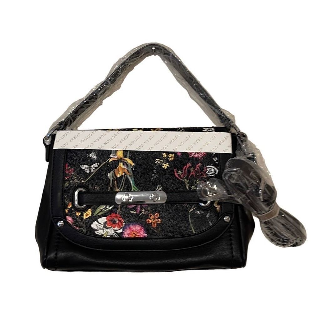 Magnolia and Vine Versa Collection Bag. Size Medium Black Leather flowers Magnet